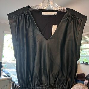 Bishop + Young Black V-Neck Dressy Top faux leather New!